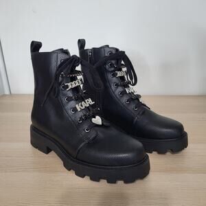 Karl Lagerfeld Women Mela Embellished Moto Combat Boots Black Logo Charm Chain 9